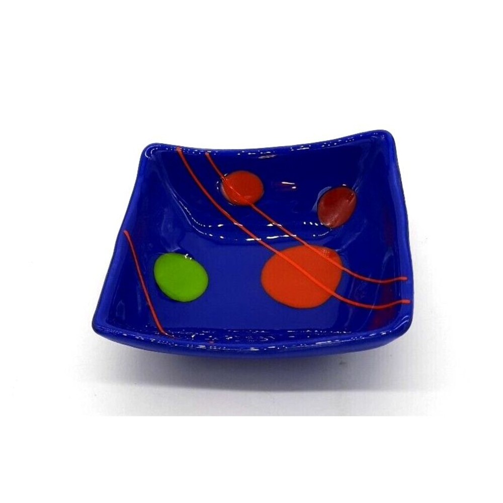 Fused Art Glass Cobalt Blue With Multicolor Circles & Lines 6" Square Candy Dish